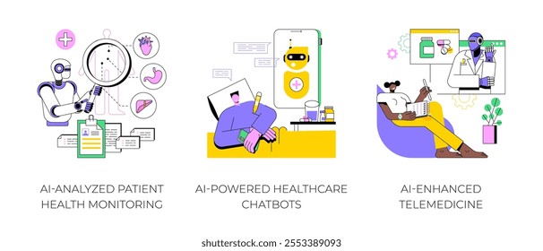 AI technology in Healthcare abstract concept vector illustration set. AI-Analyzed Patient Health Monitoring, AI-Powered Healthcare Chatbots, AI-Enhanced Telemedicine chatbots abstract metaphor.