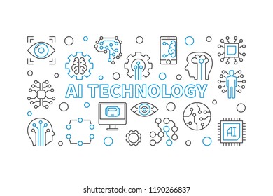 AI technology horizontal illustration. Artificial Intelligence vector concept banner in thin line style