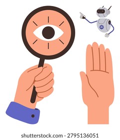 AI technology, human surveillance, data ethics, digital security, innovation, future advancements. Human hand holding magnifying glass, robotic AI figure pointing. AI technology and human