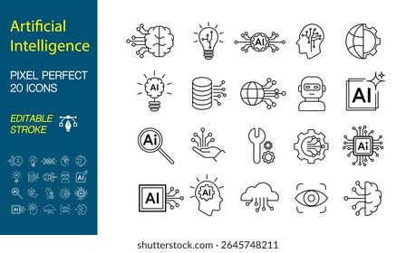 AI Technology Icon Set. Artificial intelligence set of web icons in line style. Editable stroke
