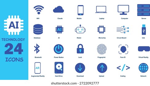 AI Technology Icon Set für Künstliche Intelligenz, Maschinelles Lernen und Cloud Computing. Vektorsymbole für Roboter, Platine, Mikrochip und Datenserver.