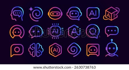 AI technology icon set with brain logo, chip sign, chatbot assistant robot, data. Futuristic smart tech symbols for UI, apps, networks, digital system, branding, software design. Vector illustration