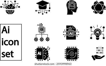 AI Technology Icon Set – Collection of Digital Icons Representing Artificial Intelligence, Machine Learning, Automation, and Data Processing with Transparent Background.