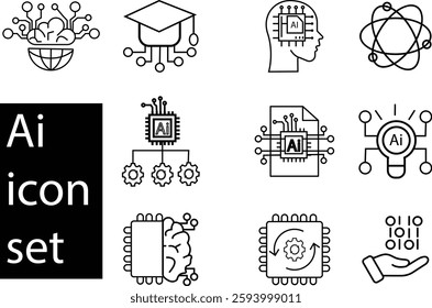 AI Technology Icon Set – Collection of Digital Icons Representing Artificial Intelligence, Machine Learning, Automation, and Data Processing with Transparent Background.