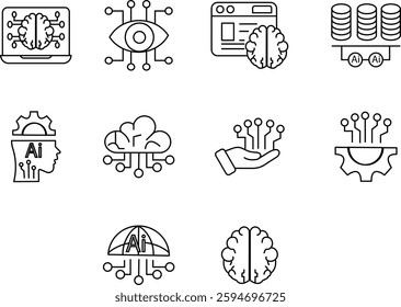 AI Technology Icon Set Digital Icons for Artificial Intelligence, Machine Learning, Cloud Computing, and Data Innovation with Transparent Background.

