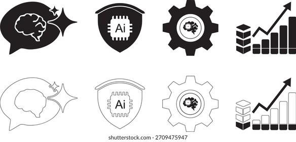 Conjunto de iconos de Tecnología de IA | Aprendizaje automático, automatización, seguridad, símbolos de crecimiento de datos