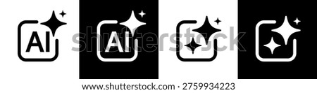 AI technology icon set with sparkle elements, AI sparkle star with square icon Vector illustration, Artificial intelligence technology and Machine learning concept. Generate symbol for application and web. Modern minimal black and white symbol, futuristic digital symbol isolated on white background, Set of AI generate icon isolated. 