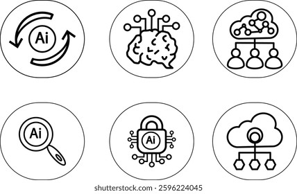 AI Technology Icon Set with Transparent Background – Artificial Intelligence, Machine Learning, Automation, Cybersecurity, Cloud Computing, and Data Analysis Symbols