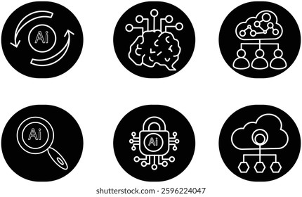 AI Technology Icon Set with Transparent Background – Artificial Intelligence, Machine Learning, Automation, Cybersecurity, Cloud Computing, and Data Analysis Symbols