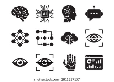 AI technology icons pack featuring smart robot head, neural network, cyber eye scan, and bionic hand
