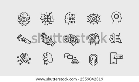 AI technology icons. Set of 15 AI technology minimal icons. Brain, Microchip, AI Interface, Robotics, Binary Code icon. Design signs for web page, mobile app, packaging design. Vector illustration.