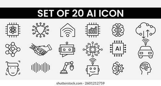 AI Technology Icons Set, Artificial Intelligence Symbols,Machine Learning, Smart Digital Processing, AI Automation, Neural Network,Data Science Icons,Futuristic Tech Illustration,High-Tech UI Design