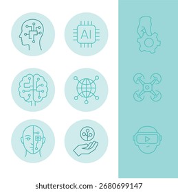AI Technology Icons Set - Künstliche Intelligenz, Robotik, Maschinelles Lernen, Virtuelle Realität, futuristische Liniensymbole