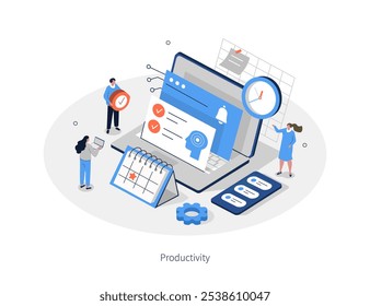 Infográfico de tecnologia de IA. Os personagens usam inteligência artificial, algoritmos, ferramentas geradoras para trabalhar com tarefas, listas de verificação, programações e aumentar a produtividade. Ilustração vetorial isométrica plana.