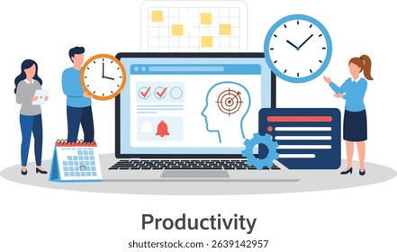 AI technology infographic. Characters use artificial intelligence, algorithms, generative tools to work with tasks, checklists, schedules and increase