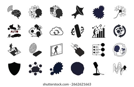 Conjunto de iconos de Tecnología e innovación de IA: Paquete de Vector de inteligencia artificial, red neuronal, automatización, aprendizaje automático, ciberseguridad y comunicación