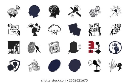 AI Technology and Innovation Icon Set – Artificial Intelligence, Neural Network, Automation, Machine Learning, Cybersecurity, and Communication Vector Bundle