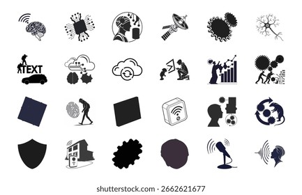 AI Technology and Innovation Icon Set – Artificial Intelligence, Neural Network, Automation, Machine Learning, Cybersecurity, and Communication Vector Bundle