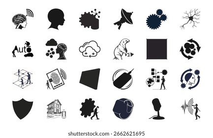 Conjunto de Ícones de Tecnologia e Inovação de IA - Inteligência Artificial, Rede Neural, Automação, Aprendizagem Automática, Segurança Cibernética e Pacote de Vetores de Comunicação