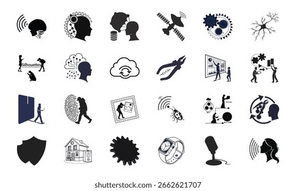 Conjunto de Ícones de Tecnologia e Inovação de IA - Inteligência Artificial, Rede Neural, Automação, Aprendizagem Automática, Segurança Cibernética e Pacote de Vetores de Comunicação