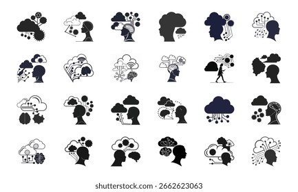AI Technology and Innovation Icon Set – Artificial Intelligence, Neural Network, Automation, Machine Learning, Cybersecurity, and Communication Vector Bundle

