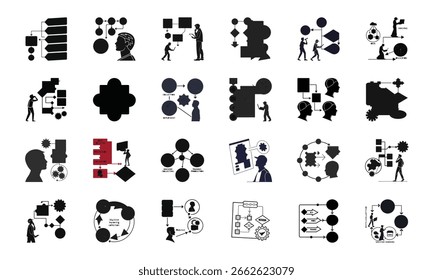 Conjunto de iconos de Tecnología e innovación de IA: Paquete de Vector de inteligencia artificial, red neuronal, automatización, aprendizaje automático, ciberseguridad y comunicación

