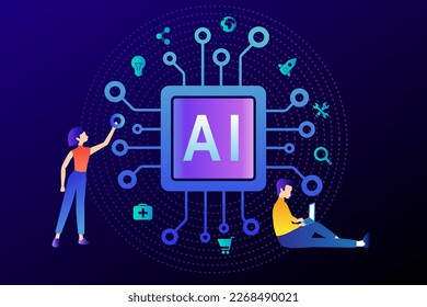 AI technology innovative applications vector infographic. Artificial intelligence, machine learning, data science and cognitive computing concept.