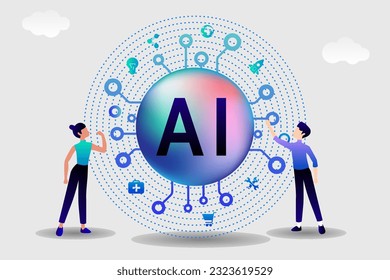 AI technology innovative applications vector infographic. Artificial intelligence, machine learning, data science and cognitive computing concept.