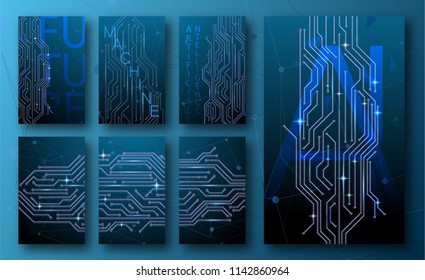 AI Technology Iot Cover Set. Modern cyber dot shine style. Artificial Intelligence Computer Smart Blue Web Data. Future AI network connection. Internet technology AI. Vector illustration. EPS 10.