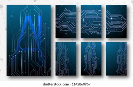 AI Technology Iot Cover Set. Modern cyber dot shine style. Artificial Intelligence Computer Smart Blue Web Data. Future AI network connection. Internet technology AI. Vector illustration. EPS 10.