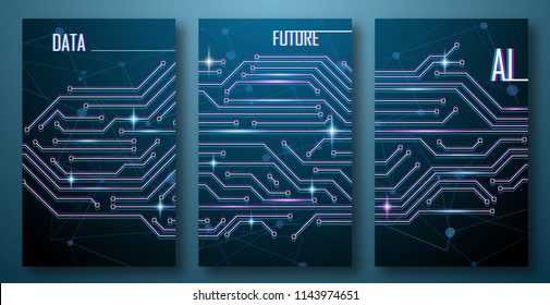 AI Technology Iot Cover Set. Modern cyber dot shine style. Artificial Intelligence Computer Smart Blue Web Data. Future AI network connection. Internet technology AI. Vector illustration. EPS 10.