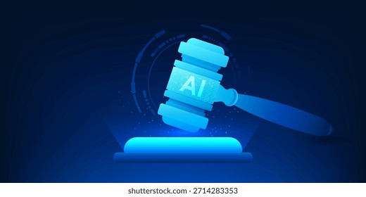 Concepto de justicia de Tecnología de IA, Inteligencia artificial que apoya la decisión de un tribunal justo, Sistema de ley inteligente sin sesgo humano, martillo judicial con chip de IA, Tecnología judicial, Ley futura