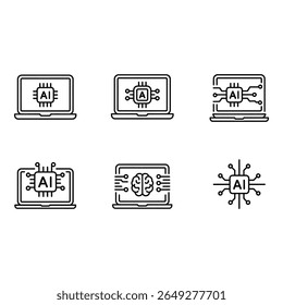 AI Technology Laptop Icons Set Modern Line Art Clean Minimalist Style