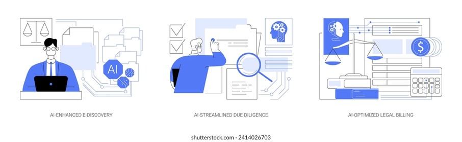 Conjunto de ilustraciones vectoriales de concepto abstracto de AI Technology for Legal Services. E-Discovery mejorado con IA, narrativa de casos, Diligencia debida optimizada con IA, metáfora abstracta de facturación legal optimizada con IA.