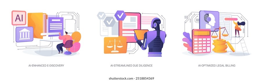 AI Technology for Legal Services conjunto de ilustração vetorial conceito abstrato. AI-Enhanced E-Discovery, narrativa de casos, AI-Streamline Due Diligence, AI-Otimized Legal Billing metaphor abstract.