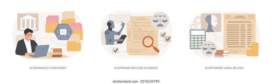 AI Technology for Legal Services abstract concept vector illustration set. AI-Enhanced E-Discovery, case narrative, AI-Streamlined Due Diligence, AI-Optimized Legal Billing abstract metaphor.