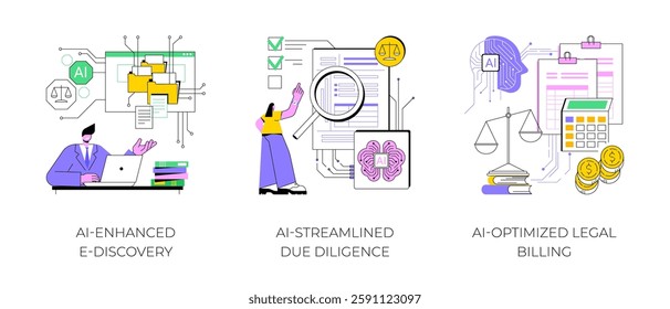 AI Technology for Legal Services abstract concept vector illustration set. AI-Enhanced E-Discovery, case narrative, AI-Streamlined Due Diligence, AI-Optimized Legal Billing abstract metaphor.