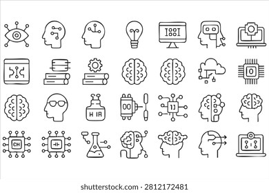 AI Technology Line Icons for Data Science and Automation Concepts