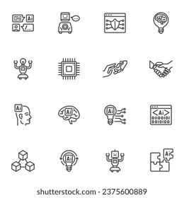 Conjunto de iconos de línea de tecnología AI, colección de símbolos de vector de contorno, paquete de pictogramas de estilo lineal. Señales, ilustración del logotipo. Set incluye iconos como inteligencia artificial, microchip de computadora, robot chatbot