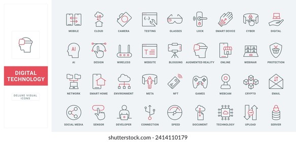 Symbole für AI-Technologie-Linien. Brillen mit erweiterter Realität, Verbindung zum Server- und Cyberschutz digitaler Daten, Smarthome und Gerät in Schwarz-Rot-Umrisssymbole, Vektorgrafik