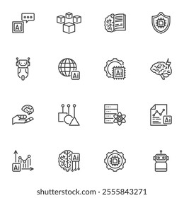 AI technology line icons set, outline vector symbol collection, linear style pictogram pack. Signs, logo illustration. Set includes icons as artificial intelligence, chatbot robot, brain, engineering