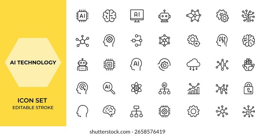 Conjunto de iconos de línea de tecnología de IA para App de Web y móviles: inteligencia artificial, aprendizaje automático, robótica inteligente, computación en la nube, algoritmo digital, red, tecnología, moderna, innovación y más.