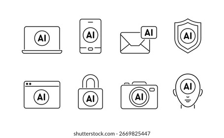 Ai technology line icons set. Artificial intelligence in laptop, smartphone, email, internet, brain and security shield. Concept of smart technology integration for digital tools. Vector outline
