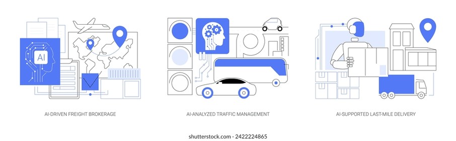 AI Technology in Logistics abstract concept vector illustration set. AI-Driven Freight Brokerage, AI-Analyzed Traffic Management, AI-Supported Last-Mile Delivery, route planning abstract metaphor.