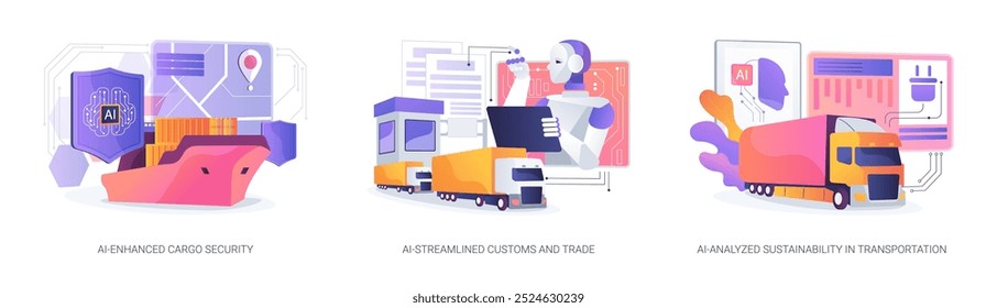 Conjunto de Ilustración vectorial de concepto abstracto de Tecnología de IA en logística. Seguridad de carga mejorada por IA, aduanas y comercio optimizados por IA, sostenibilidad analizada por IA en metáfora abstracta de Transporte.