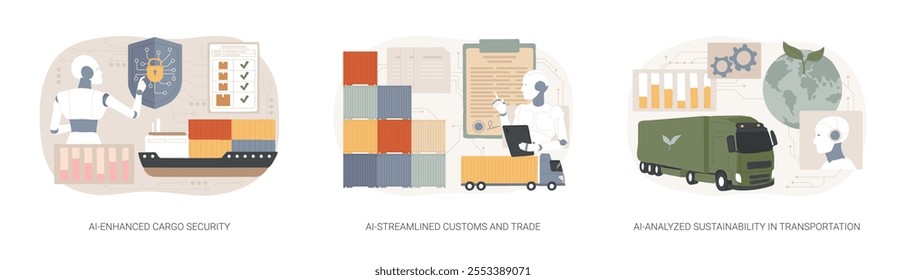 AI Technology in Logistics abstract concept vector illustration set. AI-Enhanced Cargo Security, AI-Streamlined Customs and Trade, AI-Analyzed Sustainability in Transportation abstract metaphor.