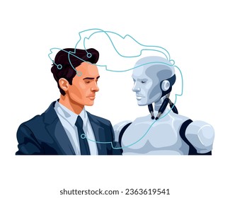 ai technology man and robot connecting minds isolated