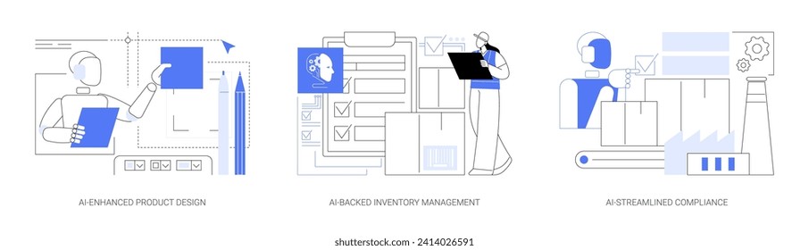 AI Technology in Manufacturing abstract concept vector illustration set. AI-Enhanced Product Design and functionality, AI-Backed Inventory Management, AI-Streamlined Compliance abstract metaphor.