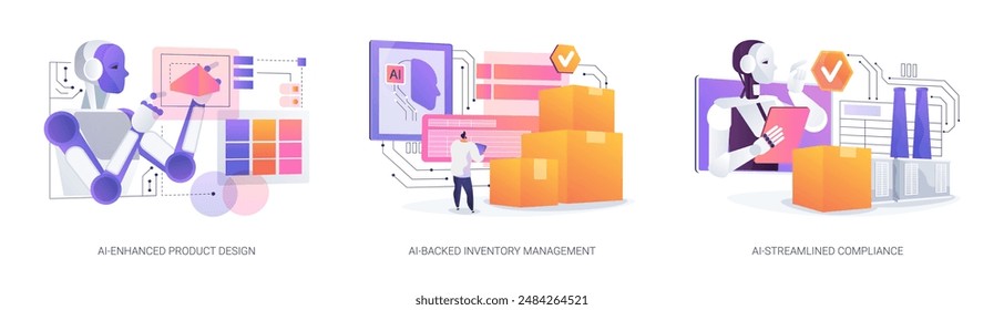 AI Technology in Manufacturing abstract concept vector illustration set. AI-Enhanced Product Design and functionality, AI-Backed Inventory Management, AI-Streamlined Compliance abstract metaphor.