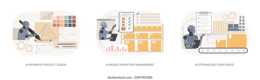 AI Technology in Manufacturing abstract concept vector illustration set. AI-Enhanced Product Design and functionality, AI-Backed Inventory Management, AI-Streamlined Compliance abstract metaphor.